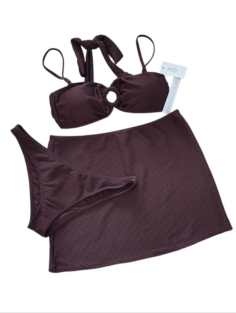 House of Harlow 1960 Bikini Set Brown Ribbed Bandeau Top With Cover Up Skirt NWT